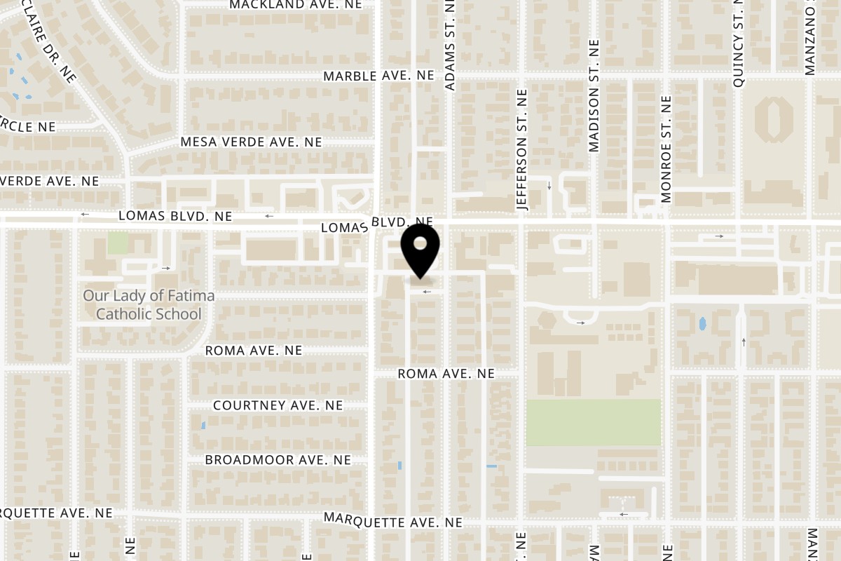 Map showing the location of KūKri - Hot Chicken Tenders High and Dry Brewery on 529 Adams St NE in Albuquerque